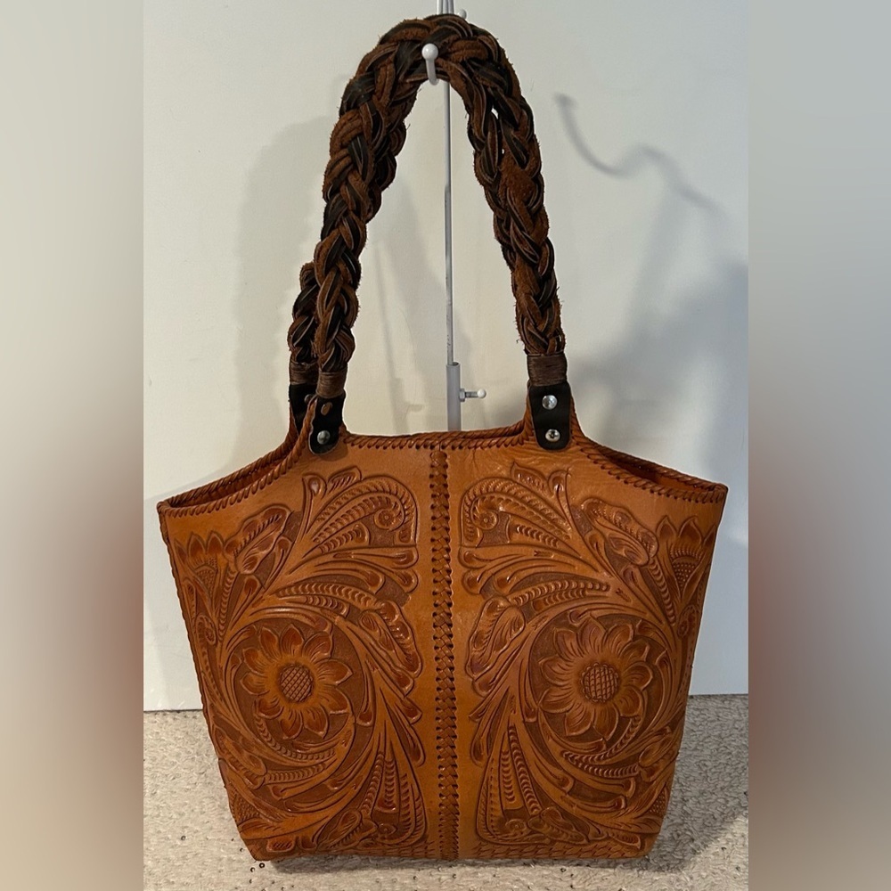 Alejandro Yeo Brown Leather Shoulder bag braided handle structured tote tooled - Picture 3 of 14